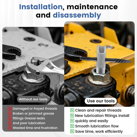 KCMOSGI 2-piece grease zerk tool set, 4-in-1 metal; shown installed on a bolt.