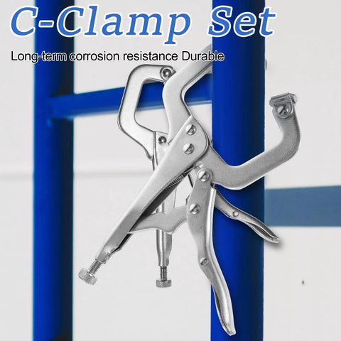 4 Piece Heavy Duty Locking C Clamps Set With Swivel Pads 6 Inch 9 Inch And 11 Inch Vise Grips for welding shown on blue metal bar