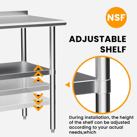Stainless Steel Prep And Work Table 24 By 48 Inches, Heavy Duty Commercial Kitchen Workstation With Adjustable Under Shelf