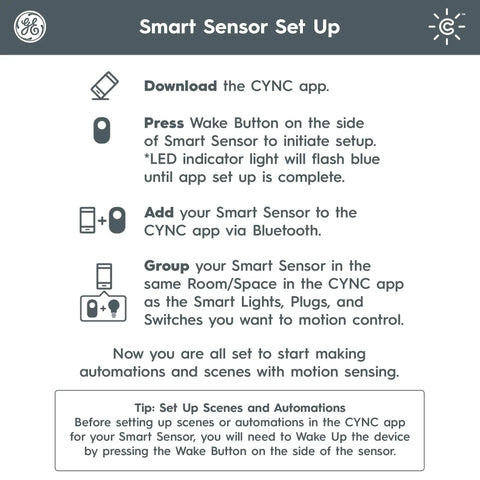 Wireless Motion Sensor setup instructions using Cync app, showing steps to download, connect, and group devices for automation.