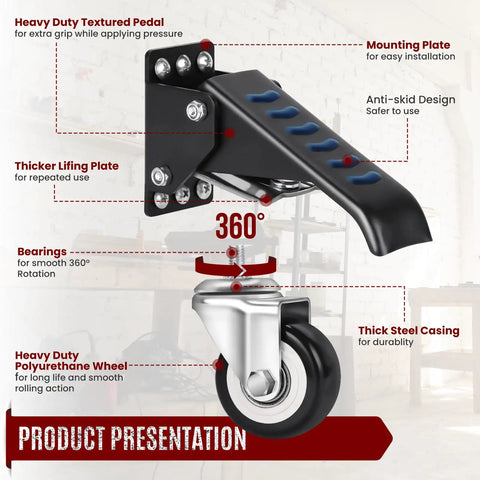 Built Tough Retractable Workbench Caster Kit Moves Heavy Shop Load With Zero Sweat Smart Step Brakes detailed mounting plate and textured pedal.