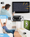 Ultimate TV Audio Noise Eliminator for Cable and Antenna Coax 75 Ohm Ground Loop Isolator Cuts No More Hum Buzz and Interference for Crisp Sound and Clear Picture on Any TV Setup illustration with before and after effects on TV display