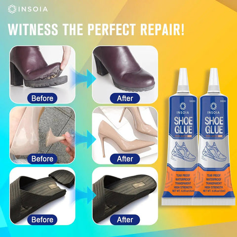 Heavy Duty Shoe Glue Repair Kit With 15ML X2 Adhesives, waterproof and flexible, shown fixing heels and sandals