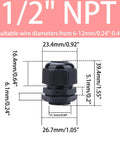 10-Pack One Half Inch NPT Black Cable Glands Waterproof IP68 Nylon Strain Relief Cord Grips 6-12mm Adjustable With Rubber Gaskets and Locknuts for Junction Boxes, 1/2 NPT size