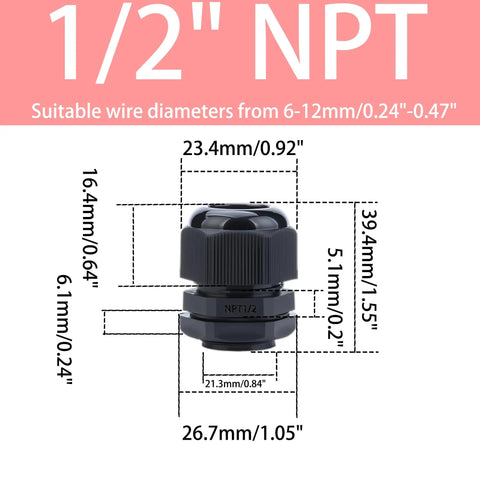 10-Pack One Half Inch NPT Black Cable Glands Waterproof IP68 Nylon Strain Relief Cord Grips 6-12mm Adjustable With Rubber Gaskets and Locknuts for Junction Boxes, 1/2 NPT size