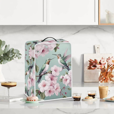 Real Deal Retro Green Hummingbird Plumeria Coffee Machine Covers Waterproof Polyester, decorative with flowers and birds.