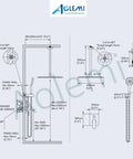 Technical drawing of Ceiling Mount Shower System With 10 Inch Matte Black Rain Shower Head And ABS Handheld Spray 3 Functions High Pressure