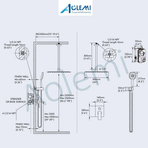 Technical drawing of Ceiling Mount Shower System With 10 Inch Matte Black Rain Shower Head And ABS Handheld Spray 3 Functions High Pressure