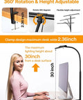 Eye Care Desk Lamp For Home Office With Flexible Gooseneck Clamp showing 360° rotation and height at a 30-inch desk setup