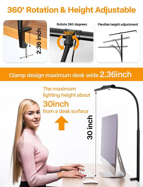 Eye Care Desk Lamp For Home Office With Flexible Gooseneck Clamp showing 360° rotation and height at a 30-inch desk setup