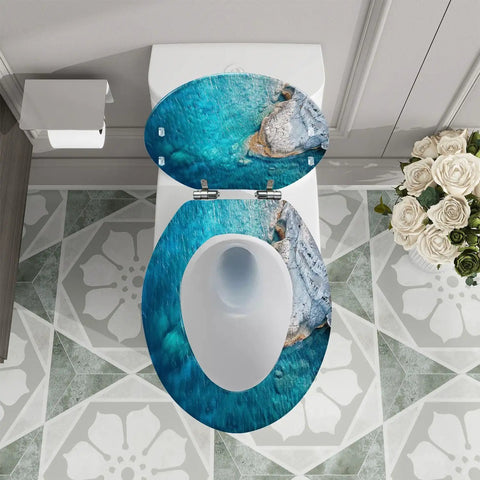 Toilet Seat Cover Elongated Quiet Close for Bathroom, 14.5" x 18.5", featuring ocean design, installed on toilet.