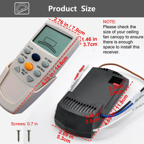 Thermostatic Ceiling Fan Remote Kit With LCD Temp Display, 3 Speed Control, Receiver And Timer dimensions shown with components