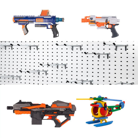 Badass Double Pegboard Hooks 15 Piece Set Crafted From Hella Tough Steel With Cushioned Rubber Tips in action holding toy guns.