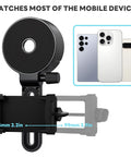 Universal Phone Scope Adapter for spotting scopes and microscopes, shown with various smartphones and adjustable clamp dimensions.