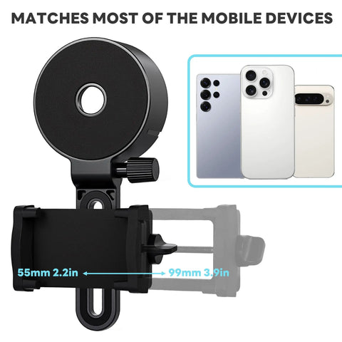 Universal Phone Scope Adapter for spotting scopes and microscopes, shown with various smartphones and adjustable clamp dimensions.