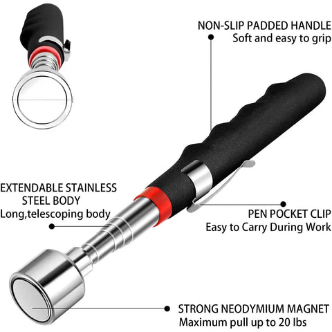 Magnetic Pickup Tool With 20 Pound Pull And Telescoping Reach To 30 Inches, showing non-slip grip handle and extendable body.