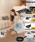 Woman using Grab And Go Handheld Steam Cleaner With 1000ml Water Tank for fabric and bathroom cleaning in home.