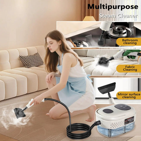 Woman using Grab And Go Handheld Steam Cleaner With 1000ml Water Tank for fabric and bathroom cleaning in home.
