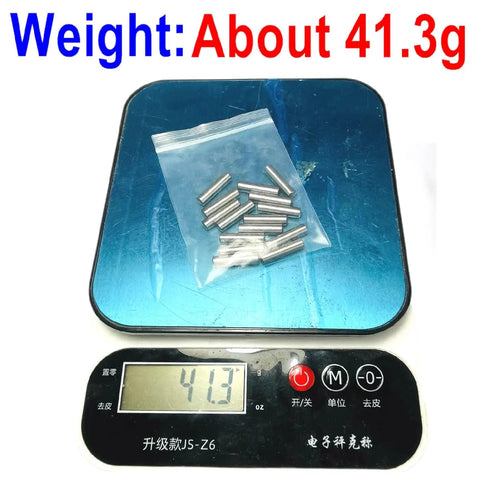 Rock Solid Heavy Duty 3/16x3/4 Inch Dowel Pins and Shelf Pegs weighing 41.3g on digital scale, packed in a clear bag.