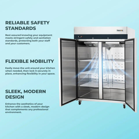 Top Tier Heavy Hitter 54 Inch Double Solid Door Reach In Refrigerator With 49 Cubic Foot Storage And Stainless Steel Finish for commercial kitchens, showcasing open doors and shelves.