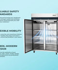 Heavy Duty Two Door Reach In Refrigerator With 49 Cubic Feet Of Cold Storage And Brushed Stainless Finish, showcasing interior shelves and mobility features.