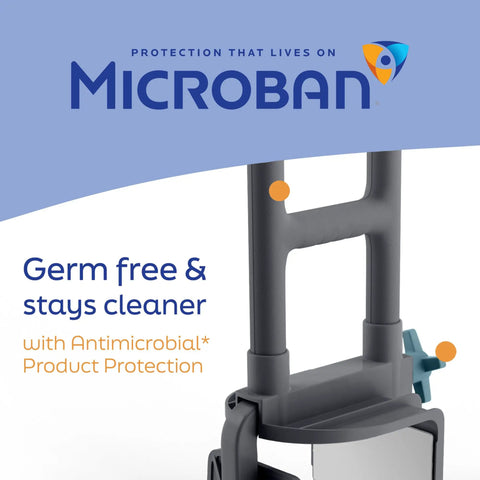 Deluxe Tub Grab Bar With Microban Protection 250 Lb Capacity Tool Free Installation shown with Microban logo and features