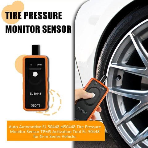 GM TPMS Relearn Tool For Tire Sensor Activation EL-50448 in hand near a tire, a compact tool for cars and trucks.