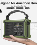 Emergency Solar Radio With Hand Crank And 12000mAh Battery Pack, held in hand showing size and controls, green color