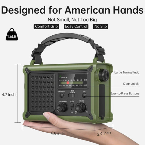 Emergency Solar Radio With Hand Crank And 12000mAh Battery Pack, held in hand showing size and controls, green color