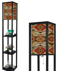 3 In 1 Corner Floor Lamp With Shelves And USB Ports Power Outlet, Navajo Geometric Southwest Print Multicolor Cozy Linen Shade