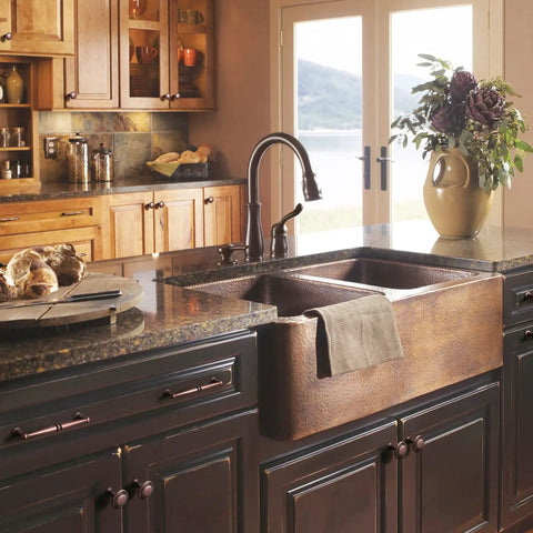 Kitchen featuring Six Pack Antique Copper Drawer Knobs Set Zinc Alloy Cabinet Hardware Vintage Style Pulls, visible on dark cabinets
