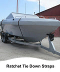 Heavy Duty Ratchet Tie Down Straps Six Pack One Inch Wide By Six Feet Long Black Polyester securing a boat on a trailer.