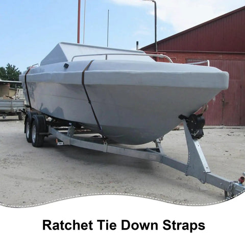 Heavy Duty Ratchet Tie Down Straps Six Pack One Inch Wide By Six Feet Long Black Polyester securing a boat on a trailer.
