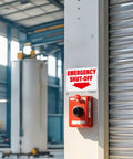 2 Pack Aluminum Tough As Nails Emergency Shut Off Signs 10 By 7 Inches Waterproof and durable, mounted on industrial wall next to button