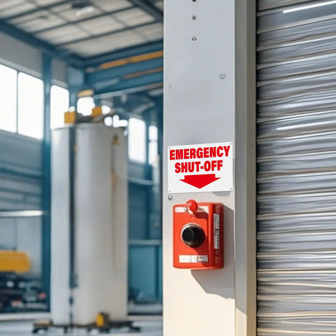 2 Pack Aluminum Tough As Nails Emergency Shut Off Signs 10 By 7 Inches Waterproof and durable, mounted on industrial wall next to button