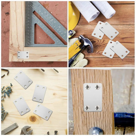 Sturdy Stainless Steel Flat Plate Brackets 20-Piece 4-Hole Set No-Fuss Easy Install with tools and installed example for shelving