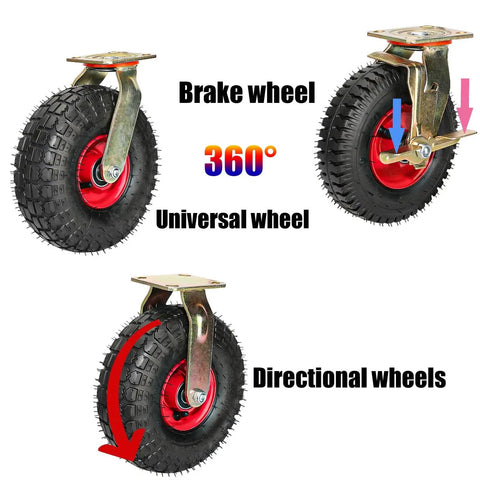 Set Of Two Heavy Duty Pneumatic Rubber Swivel Casters With Safety Brakes Roll Smooth And Crush 300Kg Loads Quietly For Shop Garage Warehouse Jobs Built Tough The Daily Grind showing 360-degree swivel action.