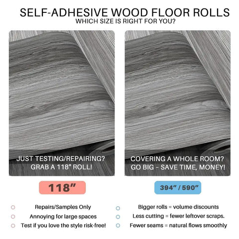 Real Wood Look Vinyl Floor Roll Featuring Dead Simple Peel And Stick Setup Super Wide Layout for 118 inch or 394 inch options.