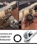 Seven Eighths Inch Oxygen Sensor Wrench With Contoured Handle And Flexible Head being used on a car's exhaust system up-close.