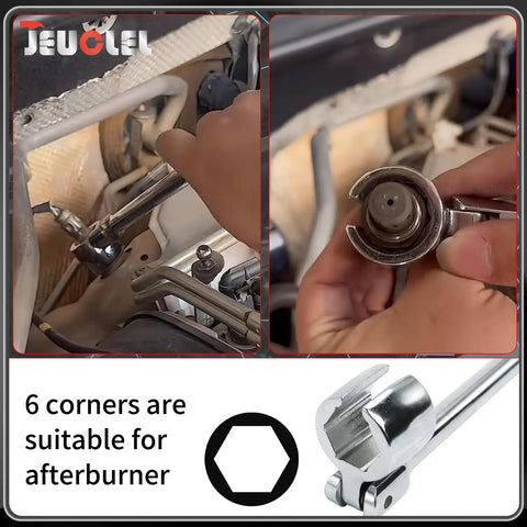 Seven Eighths Inch Oxygen Sensor Wrench With Contoured Handle And Flexible Head being used on a car's exhaust system up-close.