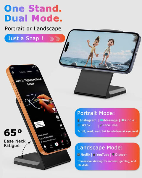 Magnetic Wireless Charging Stand For iPhone 12 Through 17 Series Onyx Black With Ultra Strong N52 Magnets shown with dual mode use