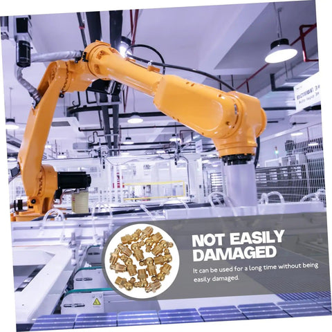 Industrial robot arm assembling with Grease Fitting All-In-One Kit With 60 Pieces for maintenance displayed in overlay.