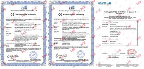 Certification and test report documents showing compliance for Shenzhen testing standards and FCC regulations.