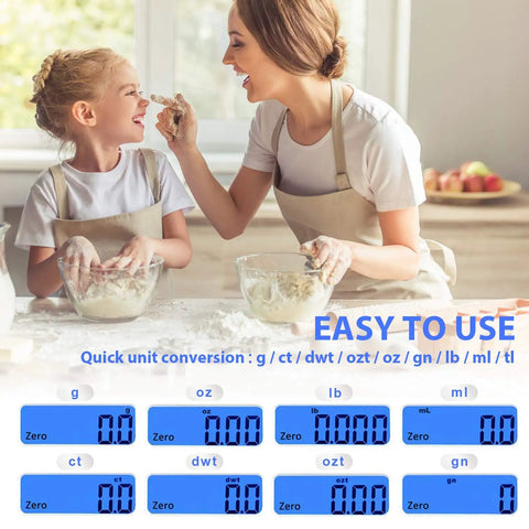 Mother and daughter baking, showing Rechargeable Kitchen Scale With Trays, Ultra Precise 3000g/0.1g Digital Food Scale For Weight Loss And Meal Prep, Tare Function, Multi Unit Conversion In Grams, Ounces, Pounds, Ml And More, Super Handy And Easy To Use