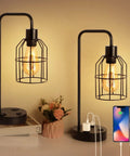Industrial Bedside Lamp Set Of 2 With USB Ports And Built In Outlet Boho Cage Shade Desk Lamp for Bedroom or Living Room
