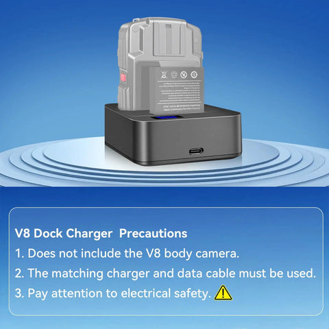 V8 Body Camera Charging Dock And 3-In-1 Station With Live Led Indicators, featuring a gray battery and USB port.