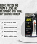 Product packaging of Graphite Lubricant 0.21 Oz Dry Powder Lube Bundle With Microfiber Towel, ideal for metal, wood, plastic surfaces.