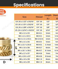 Specifications chart with 40 Pcs 1/4-20 Brass Heat Set Threaded Inserts For 3D Printing And Plastic Parts Knurled Imperial Inserts