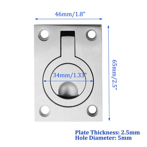 Set Of 2 Flush Mount Ring Pull Handles In Stainless Steel 304, Recessed Hidden Lifting Ring Pulls Measuring 2.5 By 1.8 Inches, front view