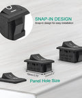 Close-up of Five Pack On Off Boat Rocker Switches, 2 Pin 2 Position Snap In Marine Electrical Switches with snap-in design.